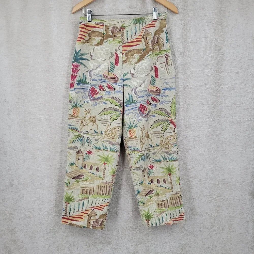 Coldwater Creek Cotton Canvas Tropical Neutral Flat Front Cropped Pants Capri